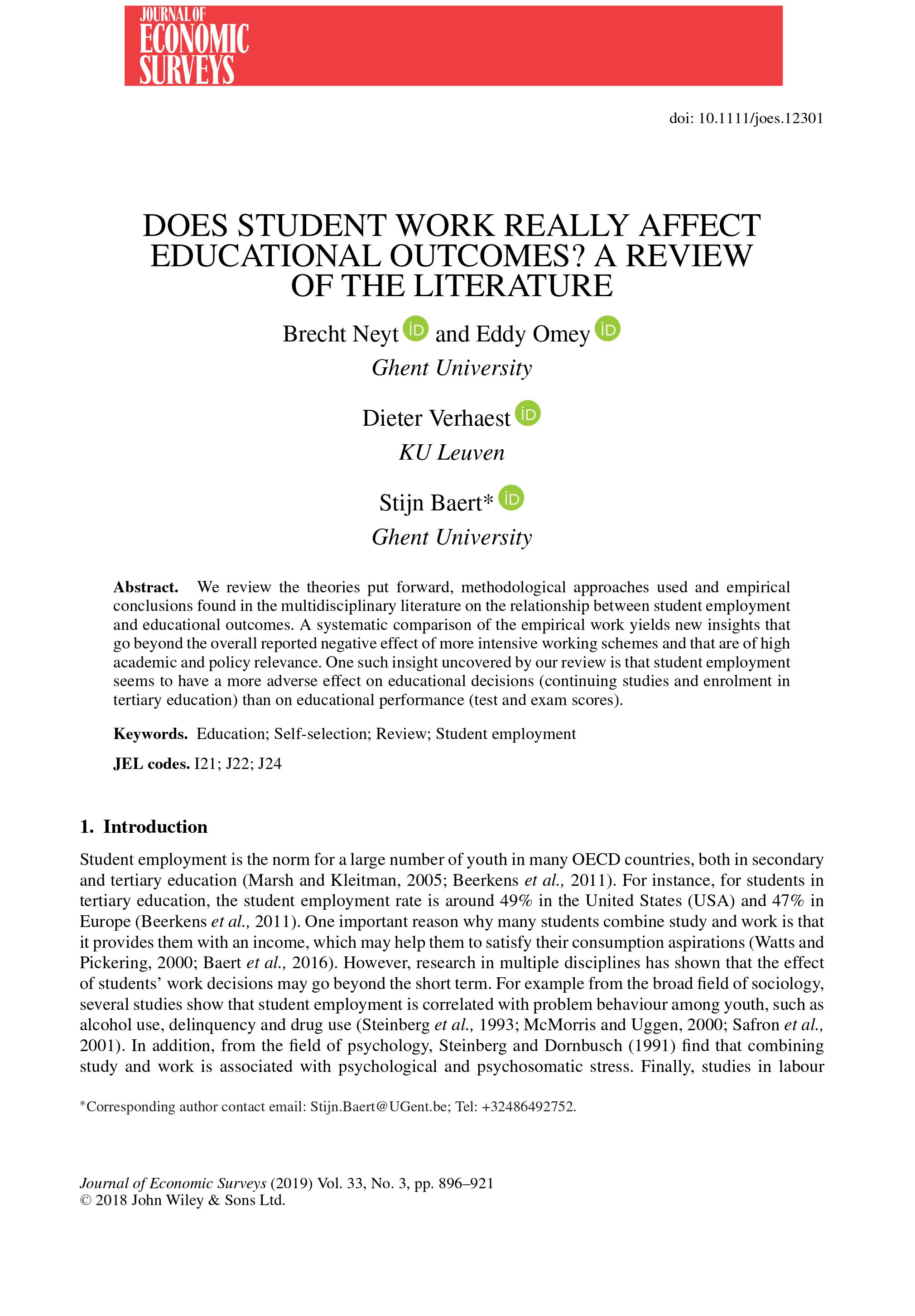 Publicatie in Journal of Economic Surveys door Stijn Baert.